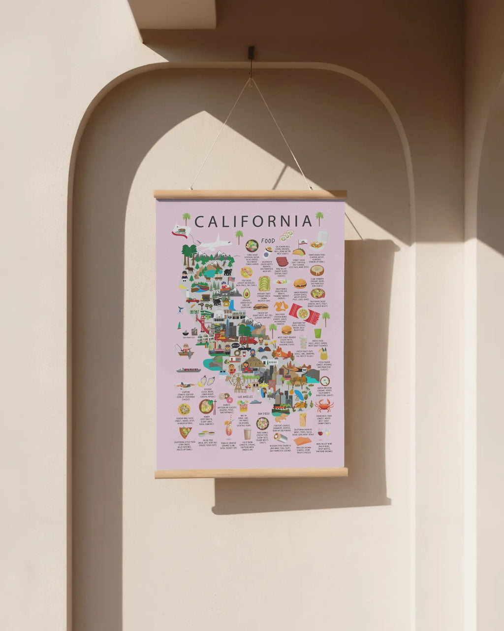 California Kids Map Poster – Landmarks, Food & Culture Educational Art