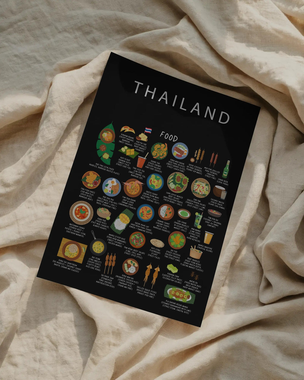 A black Thailand food poster with colorful street food illustrations, displayed flat on draped, textured beige fabric.